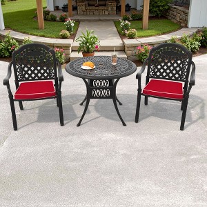 3-Piece Cast Aluminum Outdoor Dining Set: Round Table, Stackable Chairs & Red Cushions - All-Weather Patio Furniture for Your Backyard - 1 of 4