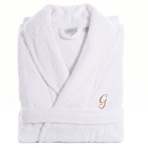 Linum Home Textiles 100% Turkish Cotton Unisex Personalized Terry Bathrobe White in Gold Script Font - 1 of 2