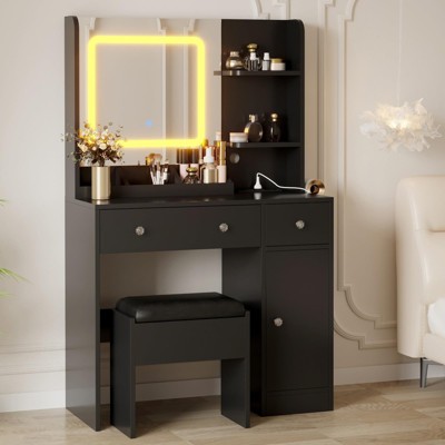 Modern LED Vanity Desk with Mirror,Power Outlet Makeup Vanity Table