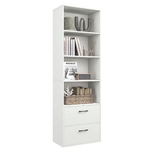 Bookcase with 2 Drawers, 4 Tiers Storage Oraganizer Bookshelf and