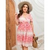 Women's Plus Size Dress Floral Short Sleeve A Line Wrap Drawstring Dress Flowy V Neck High Waist Midi Dress - 3 of 4