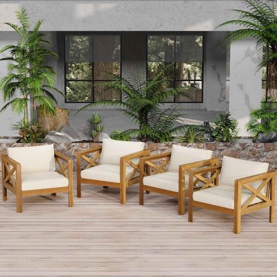 Acacia Wood Teak Finish Outdoor Club Chair Set of 4,Outdoor Armchair with Waterproof Cushions,Patio Club Chair for Garden Deck-Coolbibila