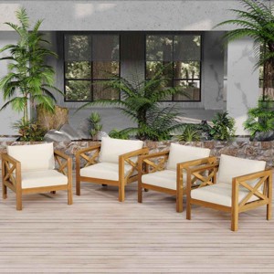 Acacia Wood Teak Finish Outdoor Club Chair Set of 4,Outdoor Armchair with Waterproof Cushions,Patio Club Chair for Garden Deck-Coolbibila - 1 of 4