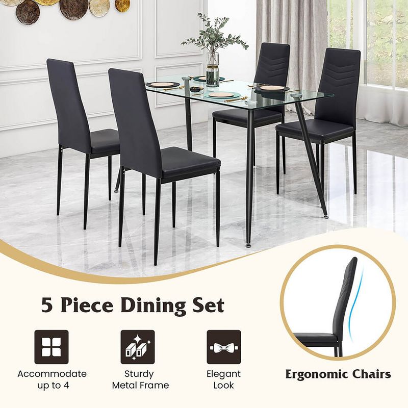 Tangkula 5 PCS 51" Rectangle Dining Set 0.3" Thick Glass Table w/ 4 Padded Dining Chairs, 5 of 8