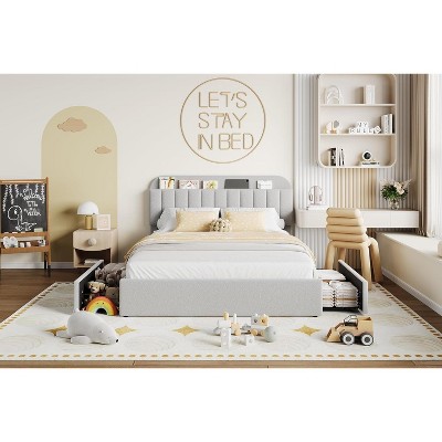 Kids Upholstered Bed Frame with Bookcase Headboard & 2 Storage Drawers, No Box Spring Needed, Easy Assembly