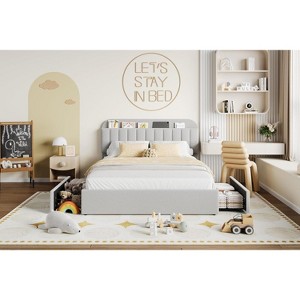 Kids Upholstered Bed Frame with Bookcase Headboard & 2 Storage Drawers, No Box Spring Needed, Easy Assembly - 1 of 4
