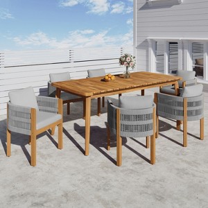 Christopher Knight Home Corin Rustic 7 Piece Outdoor Acacia Wood Woven Rope Dining Set with Slatted Table and Cushions - 1 of 4