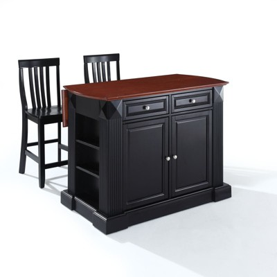 Crosley Drop Leaf Breakfast Bar Top Kitchen Island in Black Finish with 24" Black School House Stools