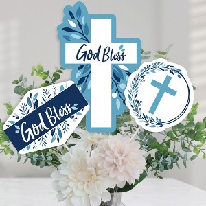 Big Dot of Happiness Baptism Blue Elegant Cross - Boy Religious Party Centerpiece Sticks - Table Toppers - Set of 15 - 1 of 4