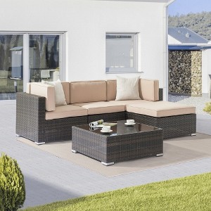 Sonkuki 5-Piece Patio Conversation Sets, Brown Ratten Sectional Sofa Set with Cushion - 1 of 4