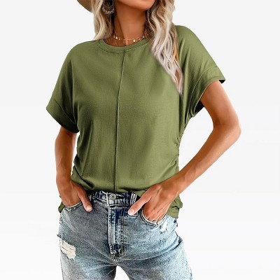Womens Summer Short Sleeve T Shirts Side Ruched Crew Neck Cap Sleeve Basic Tops Casual Solid Tops Comfy Knit Tops