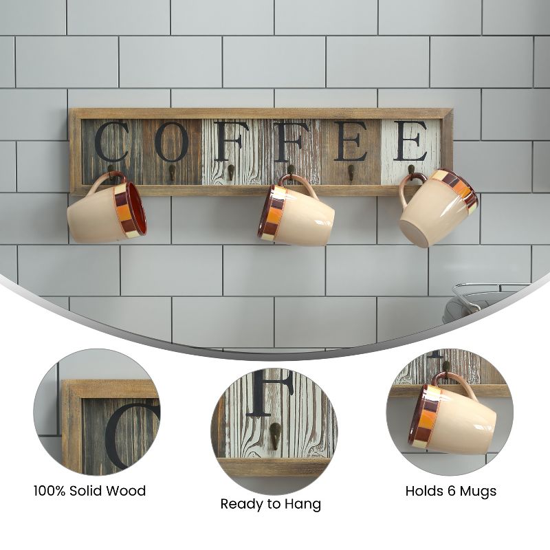 Merrick Lane Pheltz Wooden Wall Mount 6 Cup Distressed Wood Grain Printed COFFEE Mug Organizer with Metal Hanging Hooks, No Assembly Required, 4 of 11