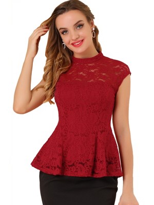 INSPIRE CHIC Women's Mock Neck Cap Sleeve Crochet Lace Peplum Blouse