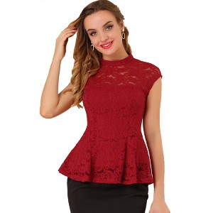 INSPIRE CHIC Women's Mock Neck Cap Sleeve Crochet Lace Peplum Blouse - 1 of 4