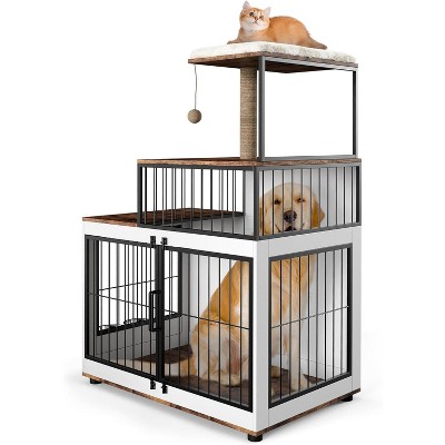 Dog Crate Furniture with Cat Tower & Shelving Unit, 2 in 1 Wooden & Metal Pet Cage with Bowls