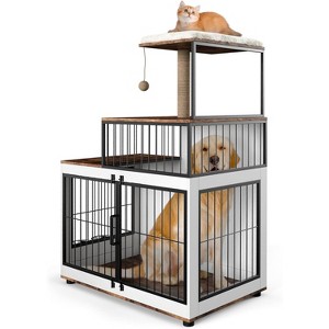 Dog Crate Furniture with Cat Tower & Shelving Unit, 2 in 1 Wooden & Metal Pet Cage with Bowls - 1 of 4