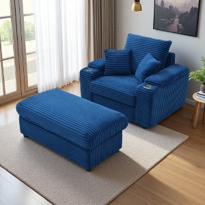 Oversized Corduroy Accent Chair with Removable Ottoman, Neck Pillow and Two Soft Pillows - 1 of 4