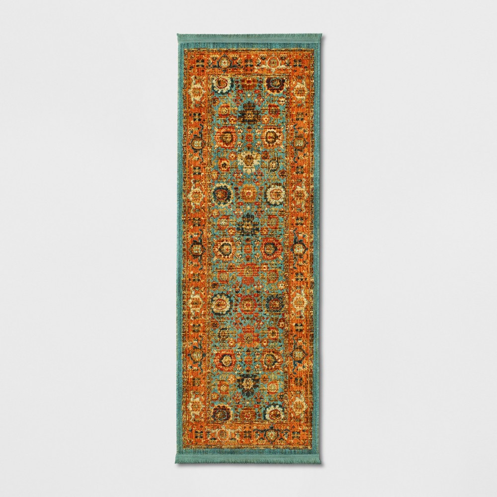 2'3inx7' Runner Persian Style with Fringe Border Woven Accent Rug Teal - Threshold™