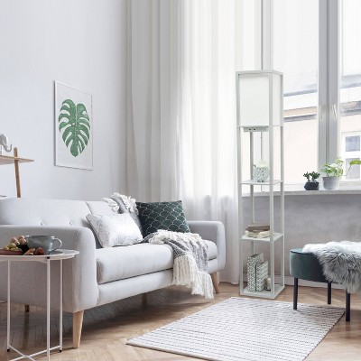 Floor Lamp Etagere Organizer Storage Shelf with 2 USB Charging Ports and Linen Shade - Simple Designs