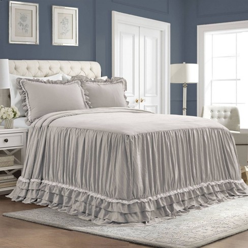 3pc Queen Ella Lace Ruffle Bedspread, Light Grey Bed Comforter Set Queen