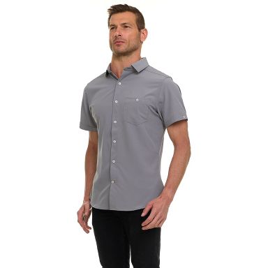 short sleeve dress shirts canada Men's 100% European Linen Short Sleeve Shirt in Taupe Brown Chambray