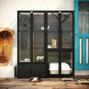 FUFU&GAGA Black Multifunctional Cat Cabinet with Cat Climbing Shelf, Tempered Glass Door Design, Creating a Comfortable Space and Tidy Home for Cats - 1 of 4