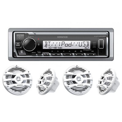 Kenwood KMR-M332BT Digital Media Receiver with Bluetooth with 2 Pairs of KFC-1653MRW 6.5" 2-way Marine Speaker System (White), 150W Max Power