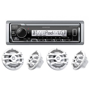 Kenwood KMR-M332BT Digital Media Receiver with Bluetooth with 2 Pairs of KFC-1653MRW 6.5" 2-way Marine Speaker System (White), 150W Max Power - 1 of 4