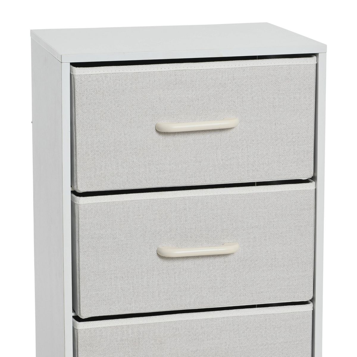Close-up of fabric drawer fronts and handles