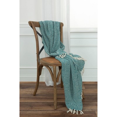 Teal and Natural Cotton Geometric Throw Blanket with Fringed Edge
