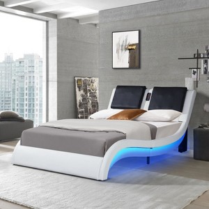 NicBex Queen/King Faux Leather Upholstered Bed Frame with LED,Wave Like Curve Platform Bed Frame with Bluetooth,Backrest Vibration Massage - 1 of 4