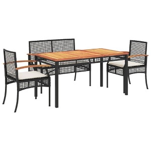 vidaXL Patio Dining Set - Outdoor Garden/Picnic Furniture, 4 Piece, Poly Rattan, Black Acacia Wood Table Top, Cushioned Bench and Chairs - 1 of 4