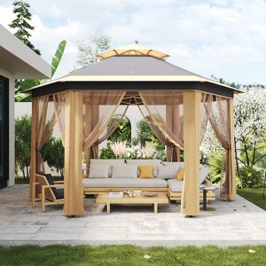 Sturdy Gray 13' x 13' Gazebo, Hexagonal Canopy Shelter with Mesh Screen, Steel Frame for Patio, Backyard, Weddings - 1 of 4
