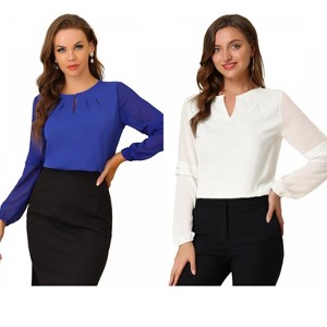 Allegra K Women's Chiffon Semi Sheer Keyhole Neck Elegant Work Blouse 2 Packs - 1 of 4