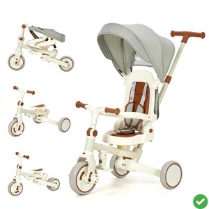 7-in-1 Foldable Baby Tricycle w/ Adjustable Parent Handle – Toddler Trike with Safety Harness, Wheel Brakes - 1 of 4