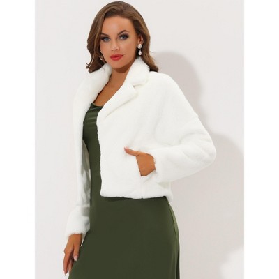 Allegra K Women's Winter Wedding Cropped Notch Lapel Open Front Formal Faux Fur Fluffy Coat Medium White — фото 3