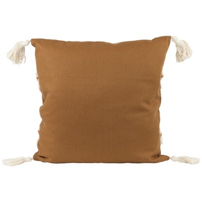 16" Camel Brown Cotton Square Pillow with Tassels