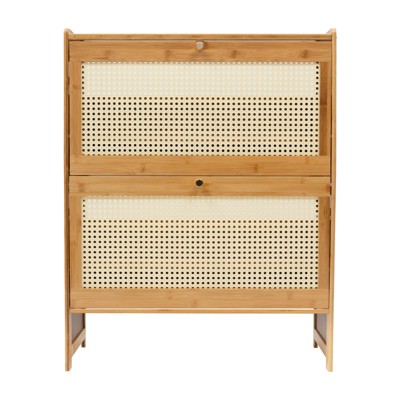 YIYIBYUS Natural Rattan Shoe Cabinet Free Standing Shoe Racks With 2 Flip Doors