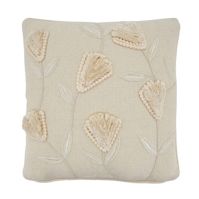 Saro Lifestyle Flower Applique Pillow - Down Filled, 18" Square, Ivory, 1 of 4