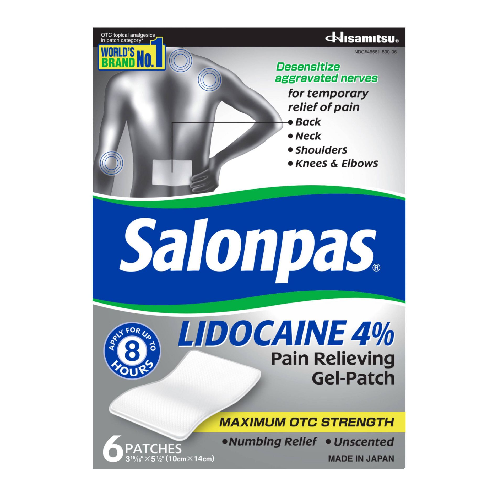Salonpas Lidocaine 4% Pain Relieving Gel Patch - Odor Free - 6ct
