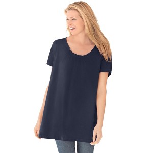 Woman Within Plus Size Perfect Short-Sleeve Shirred U-Neck Tunic - 1 of 4