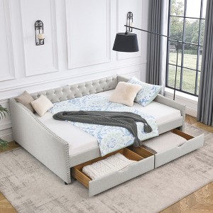 Vynxaria Queen Size Daybed with Drawers Upholstered Tufted Sofa Bed with Waved Shape Arms, Beige (84.5"x63.5"x26.5") - 1 of 4