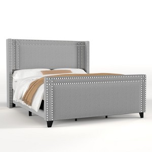 Bed Frame with 58" Tall Headboard,Silver Plating Trim,Velvet Upholstered - 1 of 4