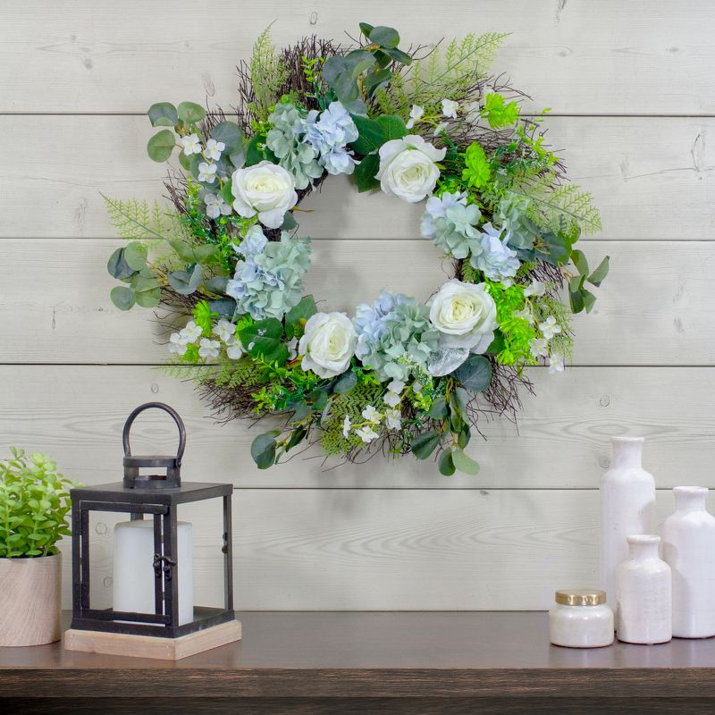 Northlight Hydrangea, Rose and Geranium Artificial Floral Spring Wreath, White and Blue - 24-Inch, 2 of 5