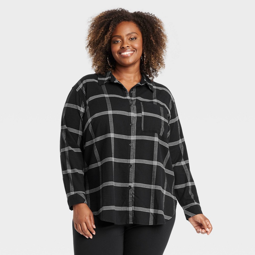Women's Long Sleeve Flannel Button-Down Shirt - Ava & Viv Black Plaid 3X