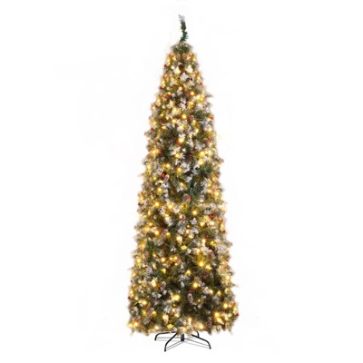 Angel Sar 9ft Pre-Lit Pencil Christmas Tree with 460 Warm LEDs, 1298 Branches, 91 Pine Cones & Berries, Automatic Unfolding, 8 Modes with Remote