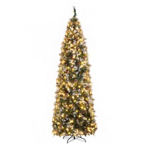 Angel Sar 9ft Pre-Lit Pencil Christmas Tree with 460 Warm LEDs, 1298 Branches, 91 Pine Cones & Berries, Automatic Unfolding, 8 Modes with Remote - 1 of 4