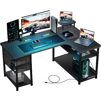 GTRACING L Shaped Gaming Desk with 2 Drawers, Adjustable Shelf Height, Carbon Fiber Office Computer Desk, Black