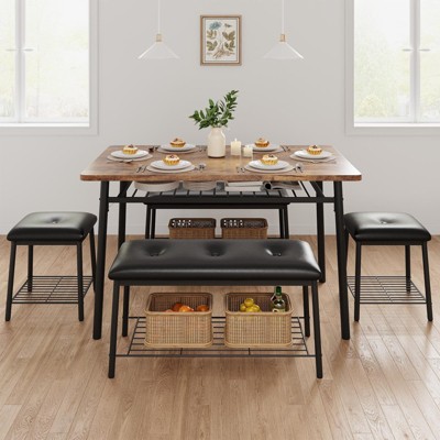 5-Piece Dining Table Set, Dinner Table Set with 2 Upholstered Bench and 2 Square Stools,
