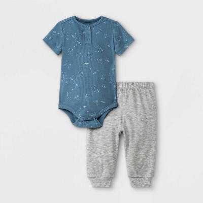 Grayson Mini Baby Boys' 2pc Henley Short Sleeve Bodysuit & Jogger Set - Blue 3M